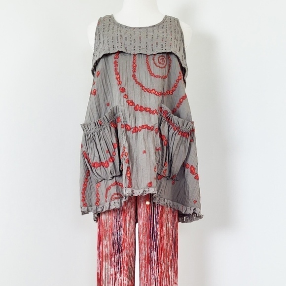 Tara Vao Babydoll Tank Top Pockets Long Sleeveless Abstract Pleated Eyelet - Picture 3 of 12